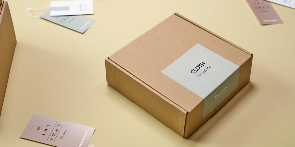pexels-photo-9594419-9594419 Elegant cardboard packaging with clothing labels and tags displayed on a light surface.